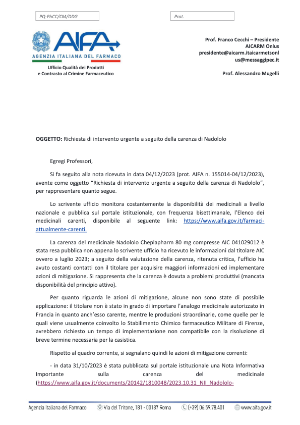 Richiesta intervento urgente AIFA per carenza Nadololo